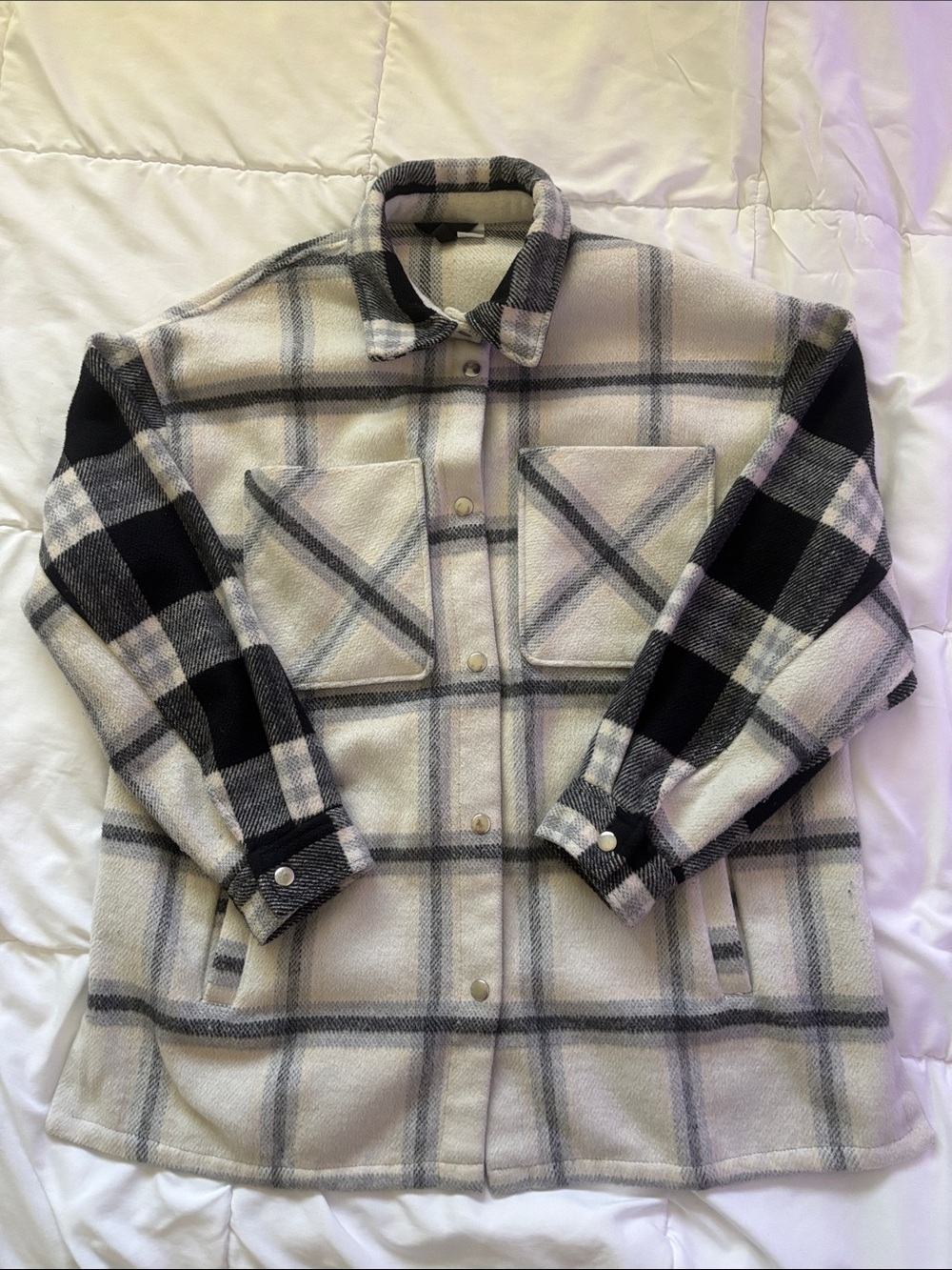H&M Cream and Black Plaid Shacket Jacket